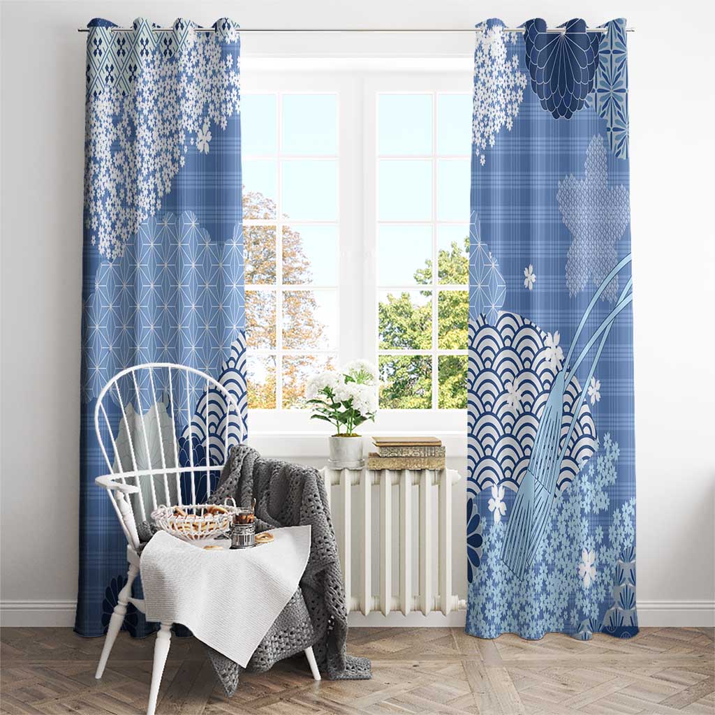 Blue Palaka Japanese Patterns Window Curtain Asanoha Seigaiha Sakura Motif - Polynesian Pride
