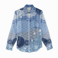 Blue Palaka Japanese Patterns Women Casual Shirt Asanoha Seigaiha Sakura Motif - Polynesian Pride