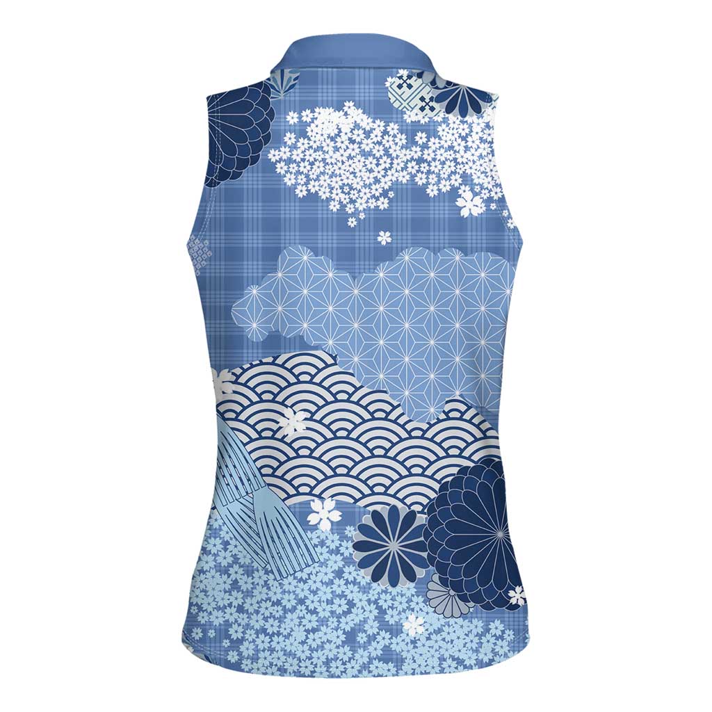 Blue Palaka Japanese Patterns Women Sleeveless Polo Shirt Asanoha Seigaiha Sakura Motif LT14 - Polynesian Pride