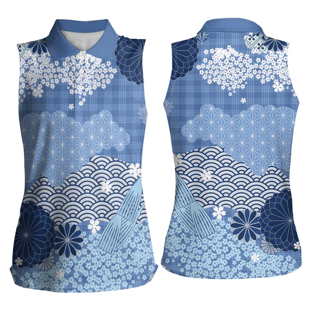 Blue Palaka Japanese Patterns Women Sleeveless Polo Shirt Asanoha Seigaiha Sakura Motif LT14 - Polynesian Pride