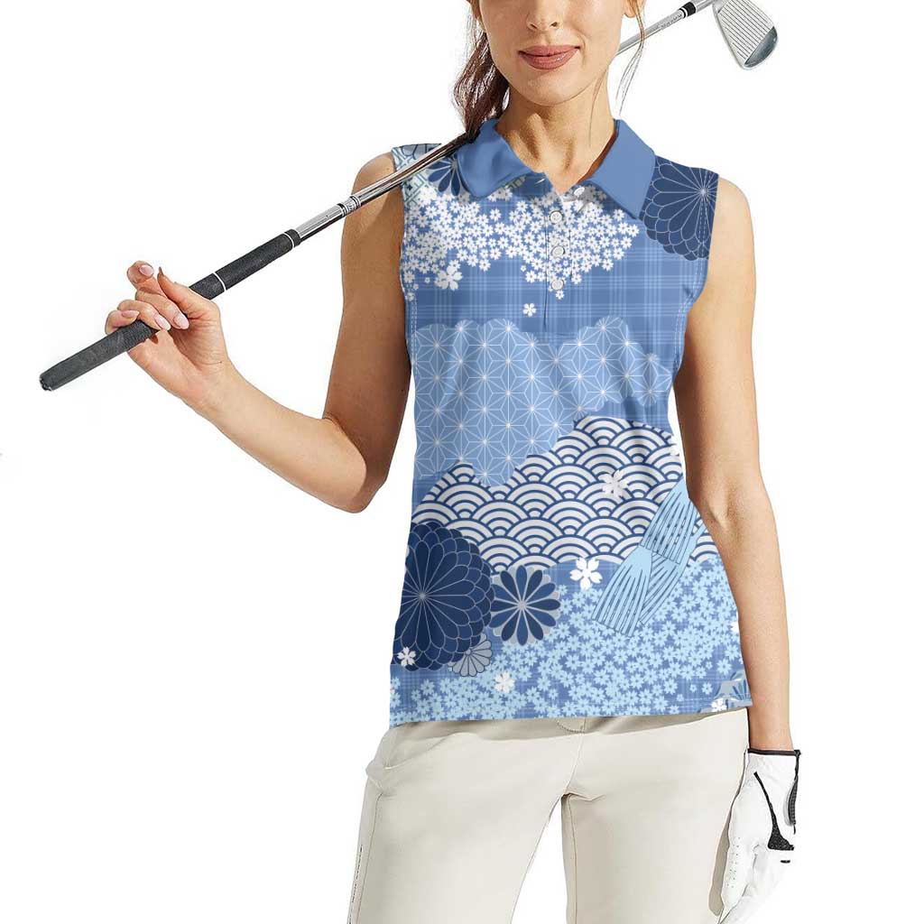 Blue Palaka Japanese Patterns Women Sleeveless Polo Shirt Asanoha Seigaiha Sakura Motif LT14 - Polynesian Pride