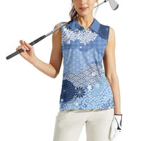 Blue Palaka Japanese Patterns Women Sleeveless Polo Shirt Asanoha Seigaiha Sakura Motif LT14 - Polynesian Pride