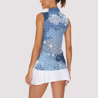 Blue Palaka Japanese Patterns Women Sleeveless Polo Shirt Asanoha Seigaiha Sakura Motif LT14 - Polynesian Pride