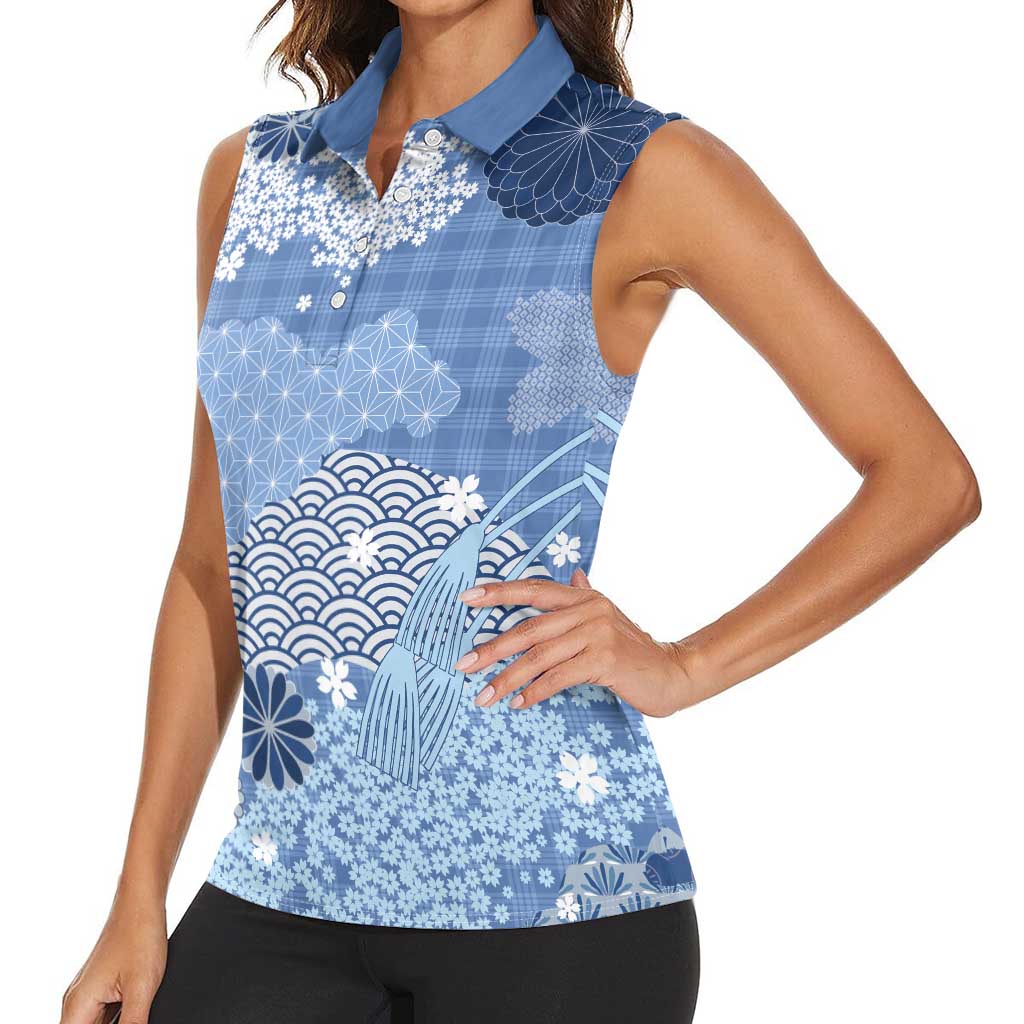 Blue Palaka Japanese Patterns Women Sleeveless Polo Shirt Asanoha Seigaiha Sakura Motif LT14 - Polynesian Pride