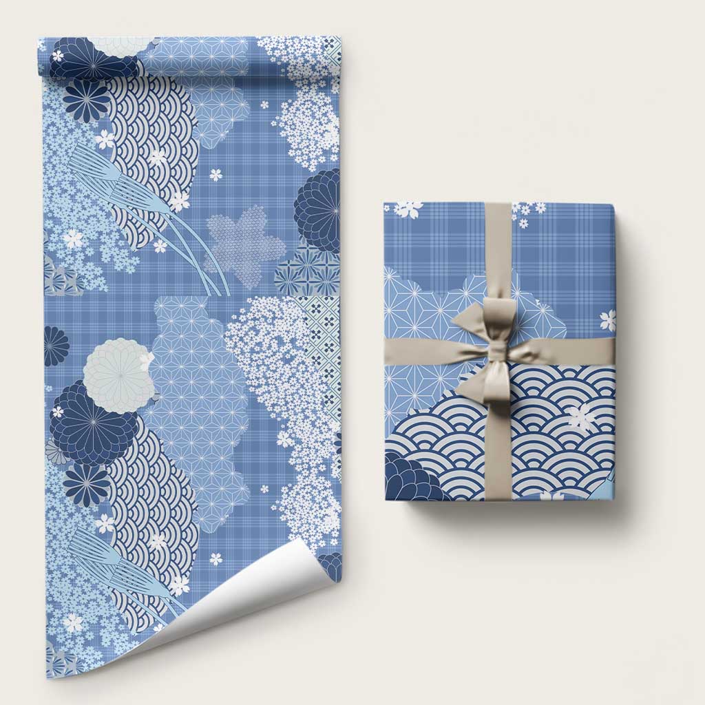 Blue Palaka Japanese Patterns Wrapping Paper Asanoha Seigaiha Sakura Motif - Polynesian Pride