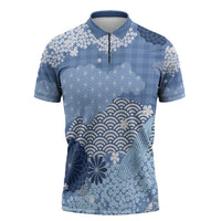 Blue Palaka Japanese Patterns Zipper Polo Shirt Asanoha Seigaiha Sakura Motif LT14 Blue - Polynesian Pride