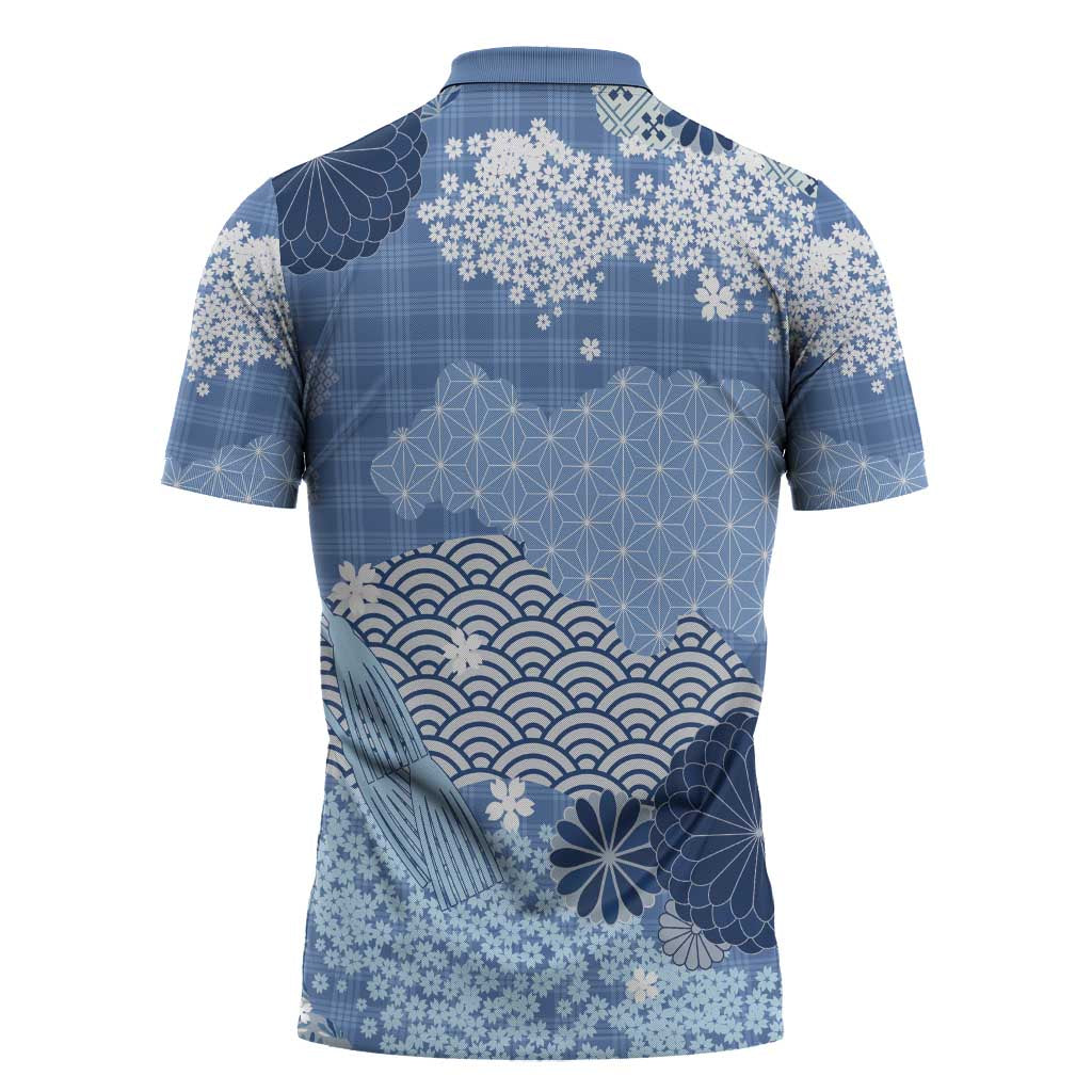 Blue Palaka Japanese Patterns Zipper Polo Shirt Asanoha Seigaiha Sakura Motif LT14 - Polynesian Pride