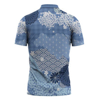 Blue Palaka Japanese Patterns Zipper Polo Shirt Asanoha Seigaiha Sakura Motif LT14 - Polynesian Pride