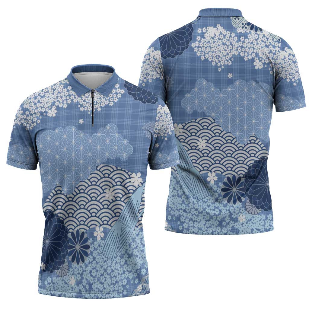 Blue Palaka Japanese Patterns Zipper Polo Shirt Asanoha Seigaiha Sakura Motif LT14 - Polynesian Pride