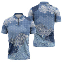 Blue Palaka Japanese Patterns Zipper Polo Shirt Asanoha Seigaiha Sakura Motif LT14 - Polynesian Pride