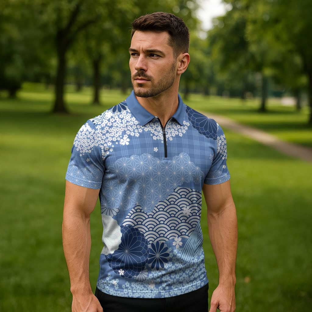 Blue Palaka Japanese Patterns Zipper Polo Shirt Asanoha Seigaiha Sakura Motif LT14 - Polynesian Pride