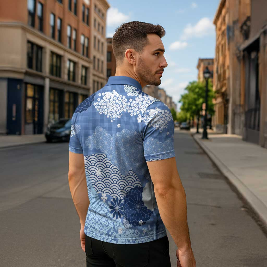 Blue Palaka Japanese Patterns Zipper Polo Shirt Asanoha Seigaiha Sakura Motif LT14 - Polynesian Pride