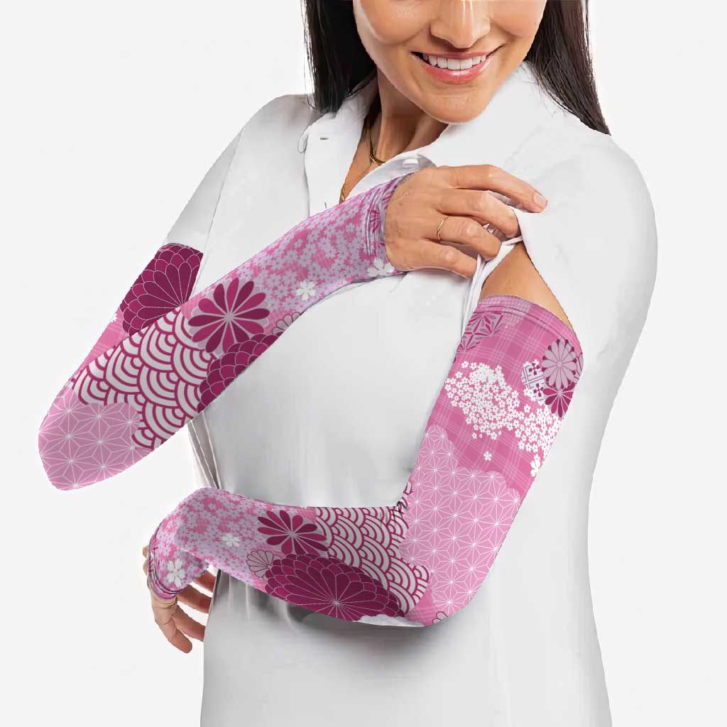 Pink Palaka Japanese Patterns Arm Sleeves Asanoha Seigaiha Sakura Motif - Polynesian Pride