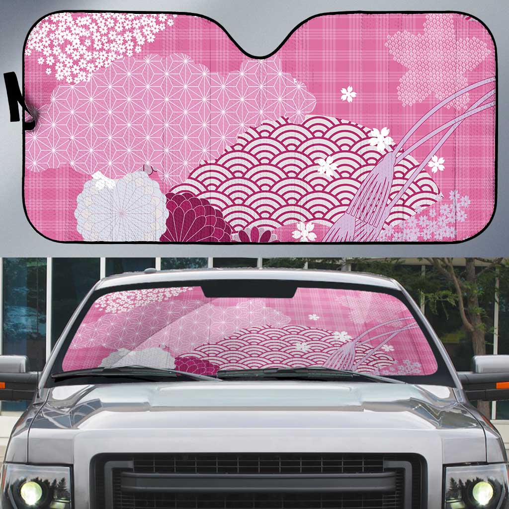 Pink Palaka Japanese Patterns Auto Sun Shade Asanoha Seigaiha Sakura Motif - Polynesian Pride