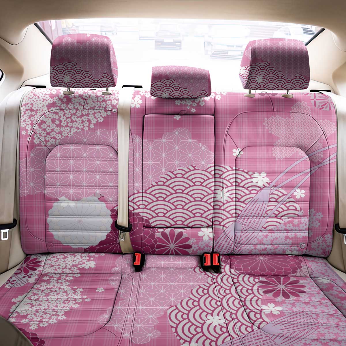 Pink Palaka Japanese Patterns Back Car Seat Cover Asanoha Seigaiha Sakura Motif - Polynesian Pride