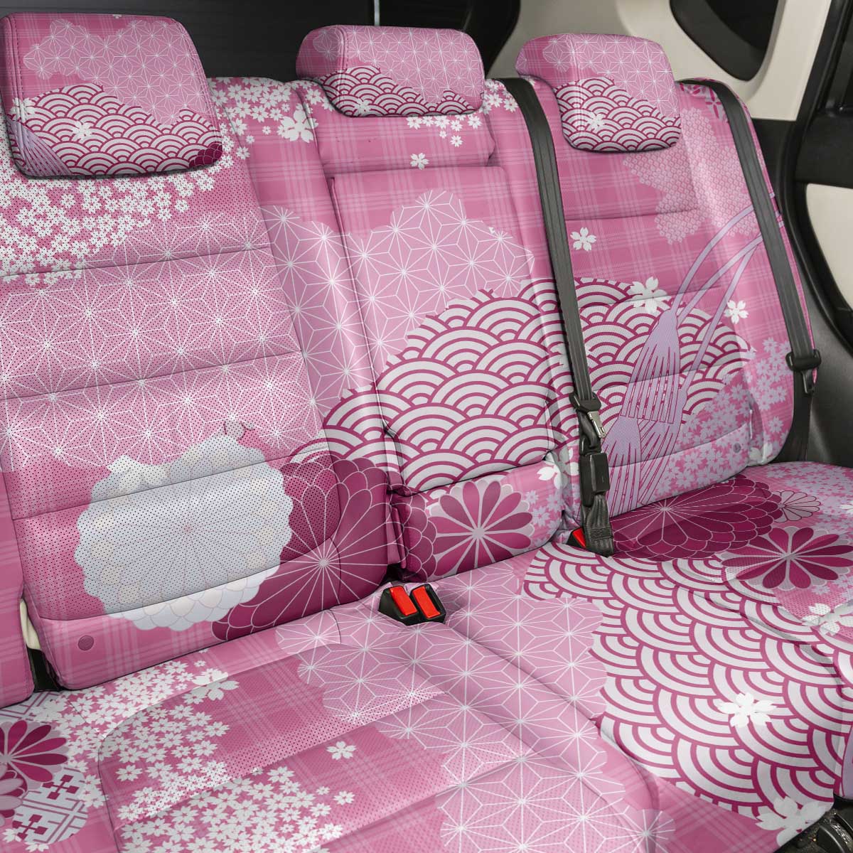 Pink Palaka Japanese Patterns Back Car Seat Cover Asanoha Seigaiha Sakura Motif - Polynesian Pride