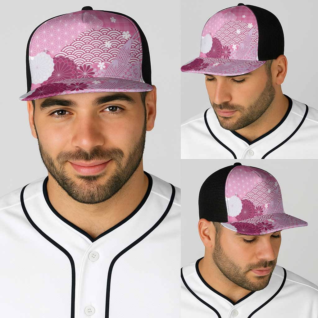 Pink Japanese Traditional Motifs Baseball Net Cap Palaka With Asanoha Seigaiha Sakura - Polynesian Pride