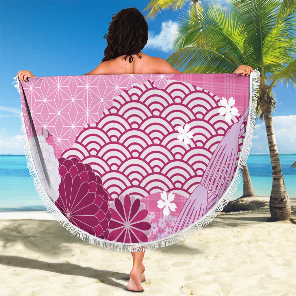 Pink Palaka Japanese Patterns Beach Blanket Asanoha Seigaiha Sakura Motif - Polynesian Pride