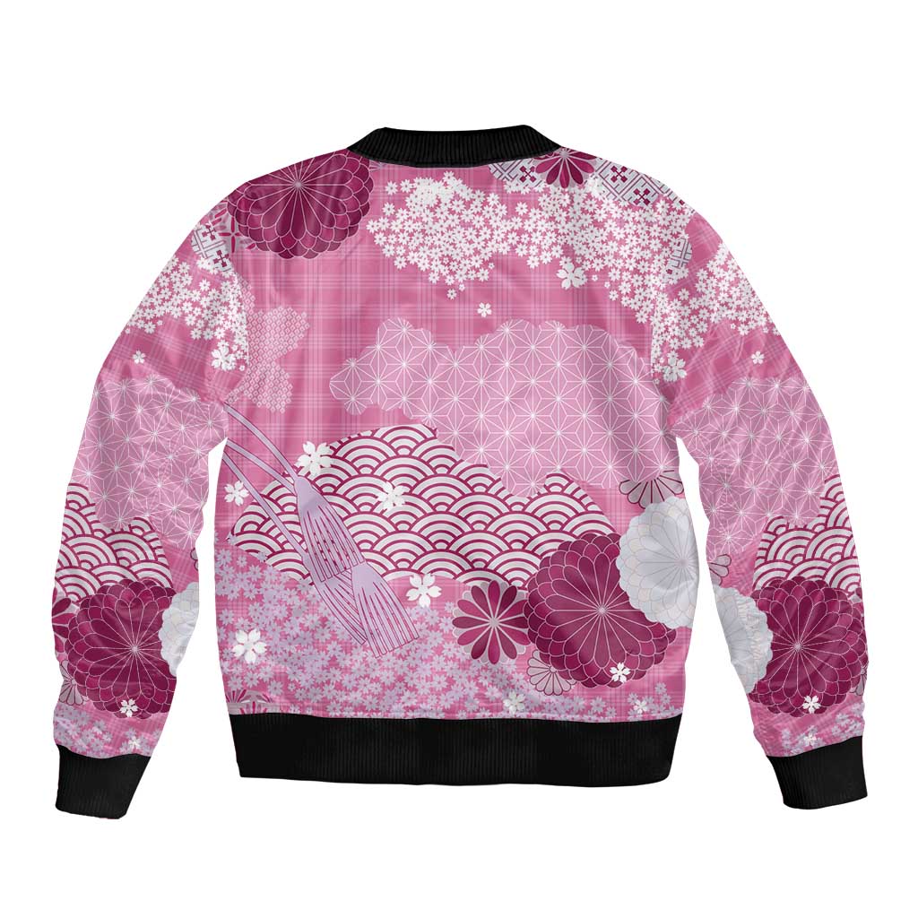 Pink Palaka Japanese Patterns Bomber Jacket Asanoha Seigaiha Sakura Motif - Polynesian Pride