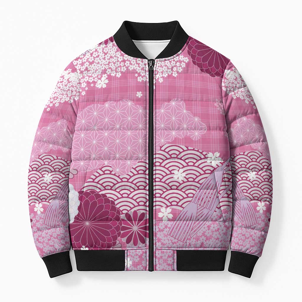 Pink Palaka Japanese Patterns Bomber Puffer Jacket Asanoha Seigaiha Sakura Motif LT14 Unisex Pink - Polynesian Pride