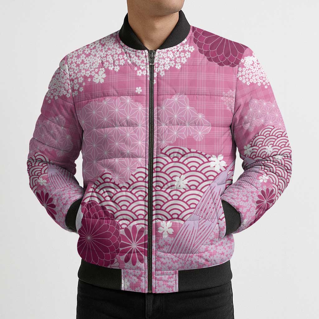 Pink Palaka Japanese Patterns Bomber Puffer Jacket Asanoha Seigaiha Sakura Motif LT14 - Polynesian Pride