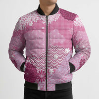 Pink Palaka Japanese Patterns Bomber Puffer Jacket Asanoha Seigaiha Sakura Motif LT14 - Polynesian Pride