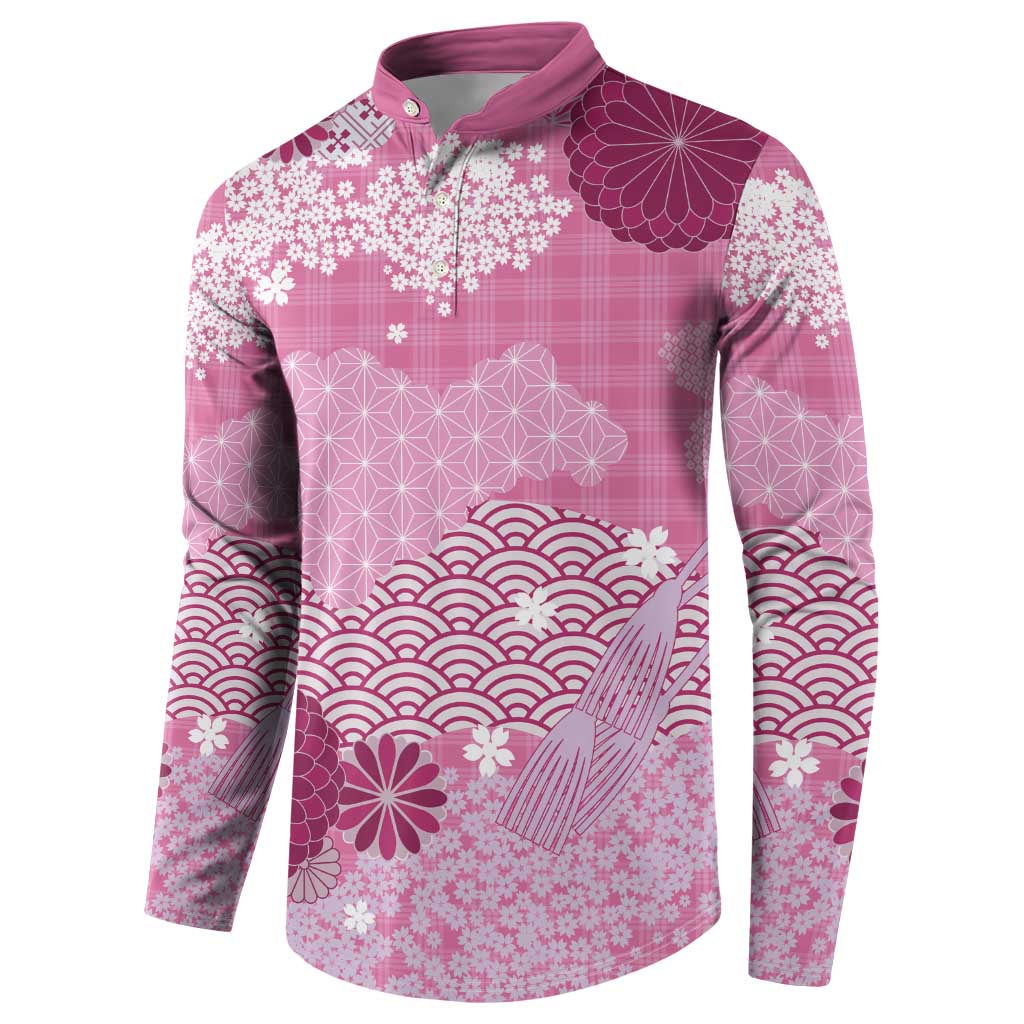 Pink Palaka Japanese Patterns Button Sweatshirt Asanoha Seigaiha Sakura Motif LT14 - Polynesian Pride