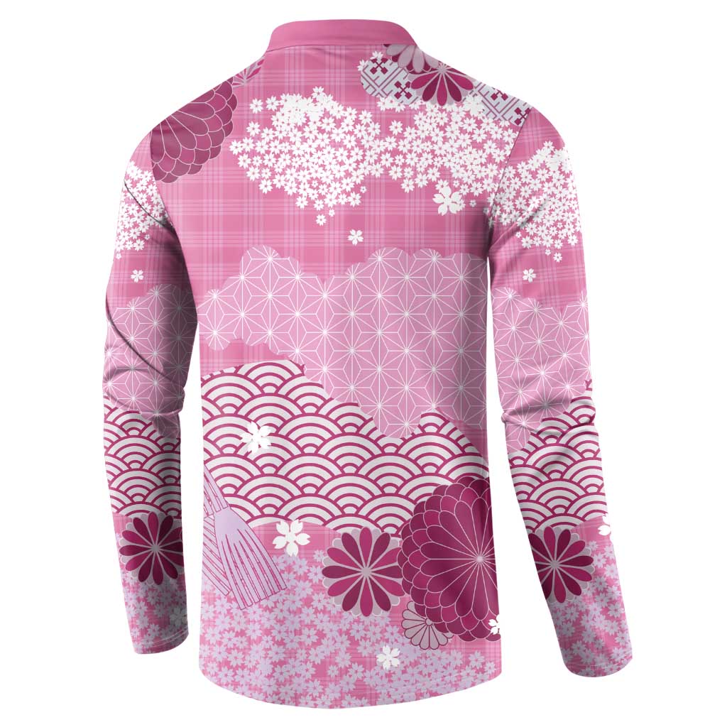 Pink Palaka Japanese Patterns Button Sweatshirt Asanoha Seigaiha Sakura Motif LT14 - Polynesian Pride