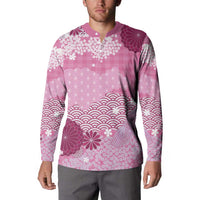 Pink Palaka Japanese Patterns Button Sweatshirt Asanoha Seigaiha Sakura Motif LT14 - Polynesian Pride