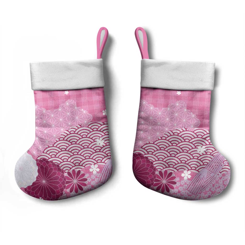 Pink Palaka Japanese Patterns Christmas Stocking Asanoha Seigaiha Sakura Motif - Polynesian Pride