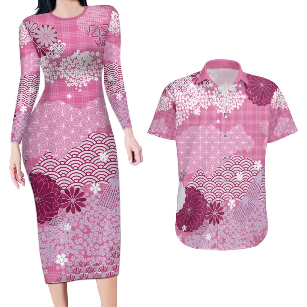 Pink Palaka Japanese Patterns Couples Matching Long Sleeve Bodycon Dress and Hawaiian Shirt Asanoha Seigaiha Sakura Motif - Polynesian Pride