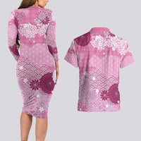 Pink Palaka Japanese Patterns Couples Matching Long Sleeve Bodycon Dress and Hawaiian Shirt Asanoha Seigaiha Sakura Motif - Polynesian Pride