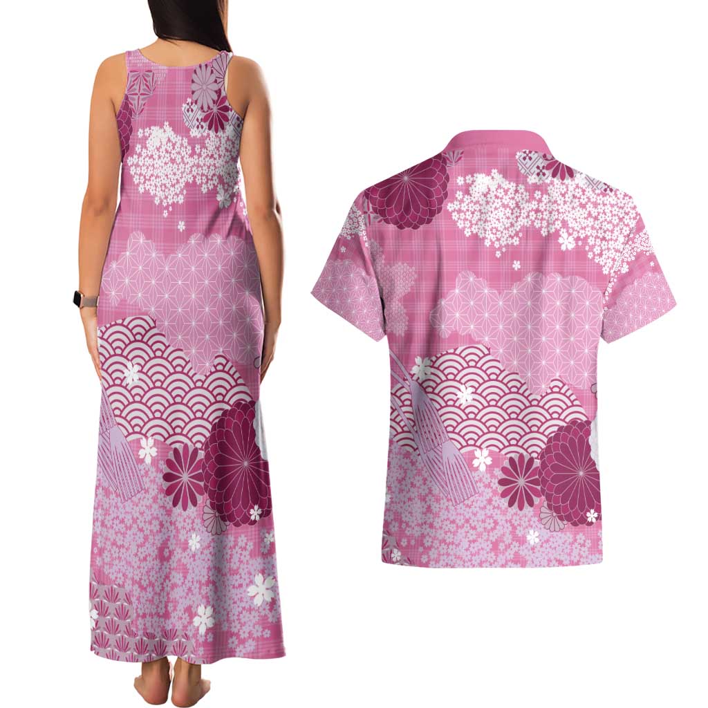 Pink Palaka Japanese Patterns Couples Matching Tank Maxi Dress and Hawaiian Shirt Asanoha Seigaiha Sakura Motif - Polynesian Pride