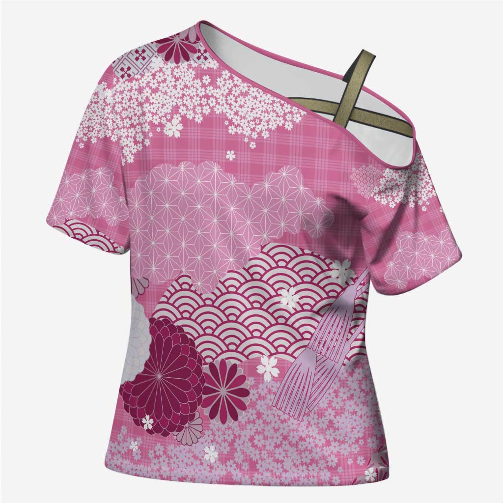 Pink Palaka Japanese Patterns Cross Shoulder Shirt Asanoha Seigaiha Sakura Motif LT14 Female Pink - Polynesian Pride