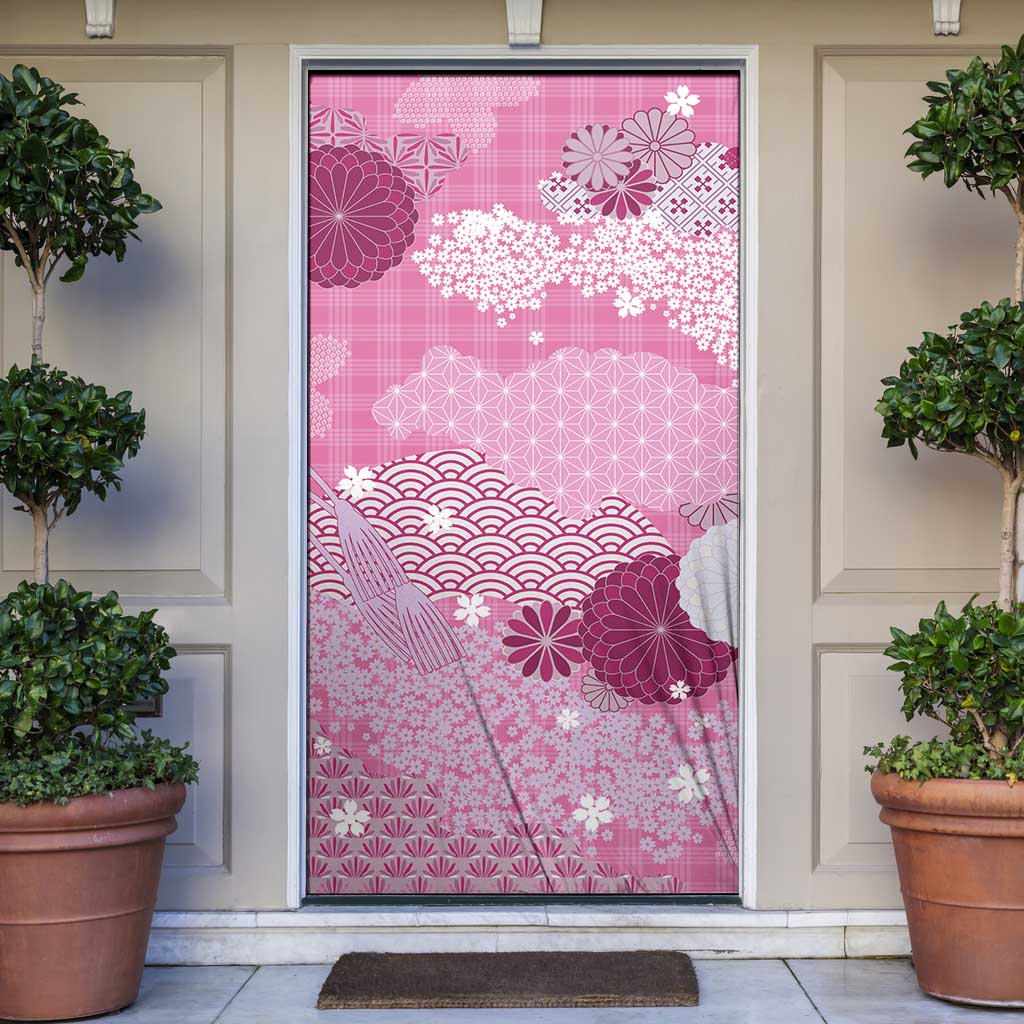 Pink Palaka Japanese Patterns Door Cover Asanoha Seigaiha Sakura Motif - Polynesian Pride