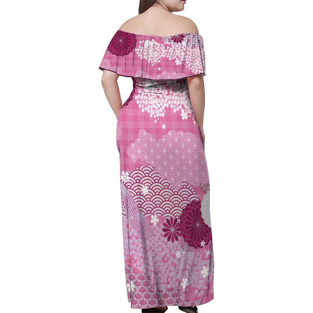 Pink Palaka Japanese Patterns Family Matching Off Shoulder Maxi Dress and Hawaiian Shirt Asanoha Seigaiha Sakura Motif - Polynesian Pride