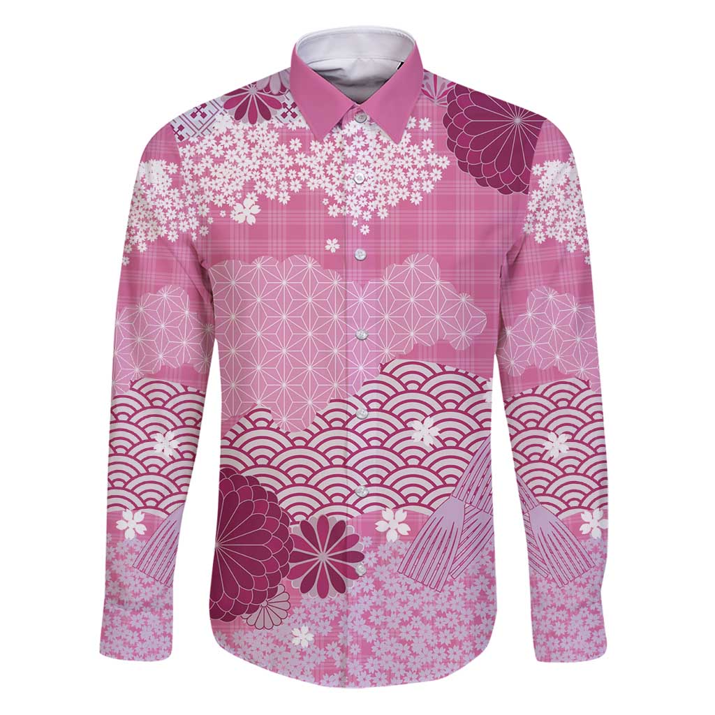 Pink Palaka Japanese Patterns Family Matching Puletasi and Hawaiian Shirt Asanoha Seigaiha Sakura Motif - Polynesian Pride