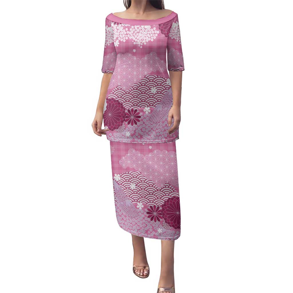 Pink Palaka Japanese Patterns Family Matching Puletasi and Hawaiian Shirt Asanoha Seigaiha Sakura Motif - Polynesian Pride