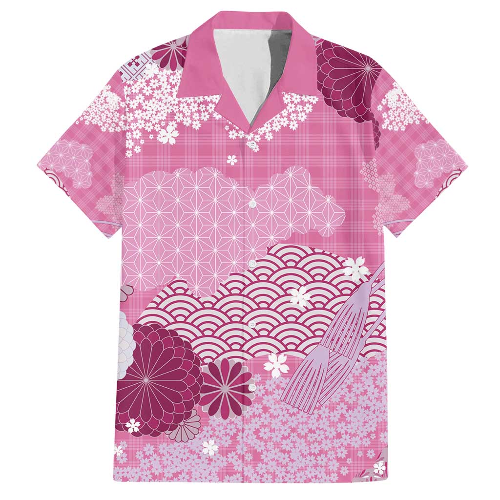 Pink Palaka Japanese Patterns Family Matching Summer Maxi Dress and Hawaiian Shirt Asanoha Seigaiha Sakura Motif - Polynesian Pride