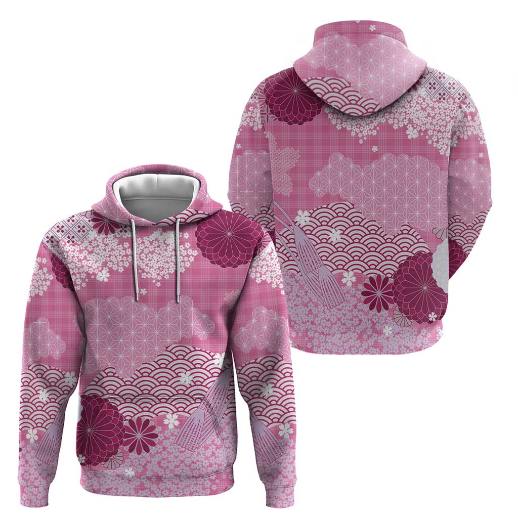 Pink Palaka Japanese Patterns Hoodie Asanoha Seigaiha Sakura Motif - Polynesian Pride