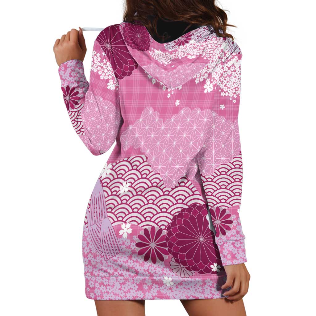 Pink Palaka Japanese Patterns Hoodie Dress Asanoha Seigaiha Sakura Motif - Polynesian Pride