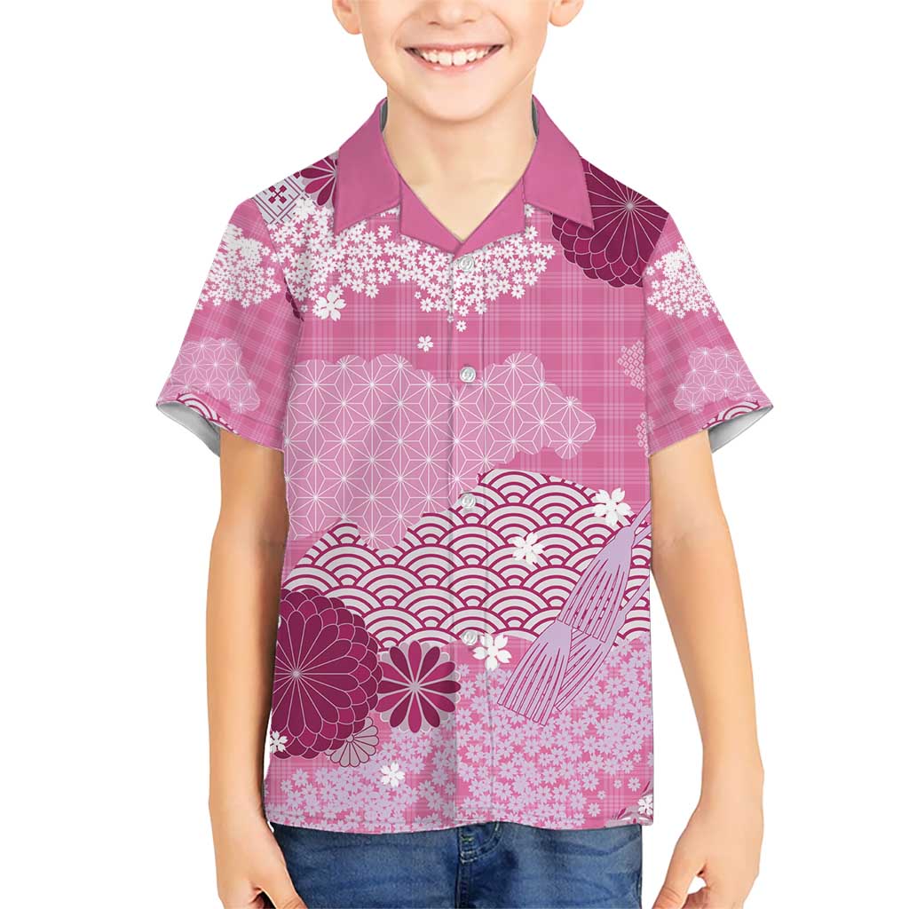 Pink Palaka Japanese Patterns Kid Hawaiian Shirt Asanoha Seigaiha Sakura Motif - Polynesian Pride