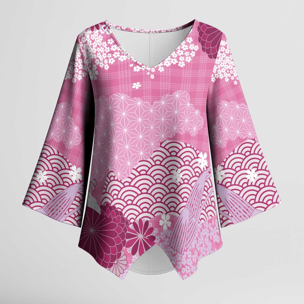 Pink Palaka Japanese Patterns Kimono Sleeve Blouse Asanoha Seigaiha Sakura Motif LT14 Female Pink - Polynesian Pride