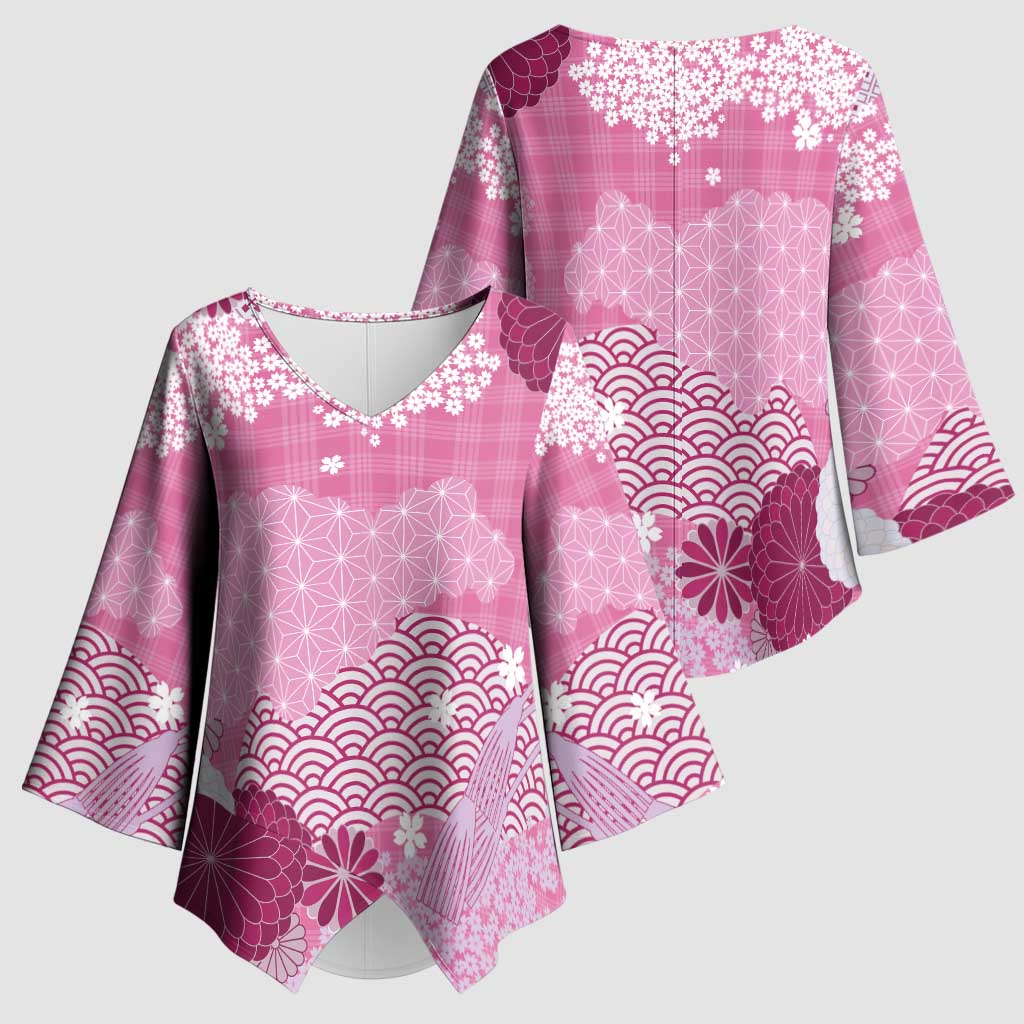 Pink Palaka Japanese Patterns Kimono Sleeve Blouse Asanoha Seigaiha Sakura Motif LT14 - Polynesian Pride