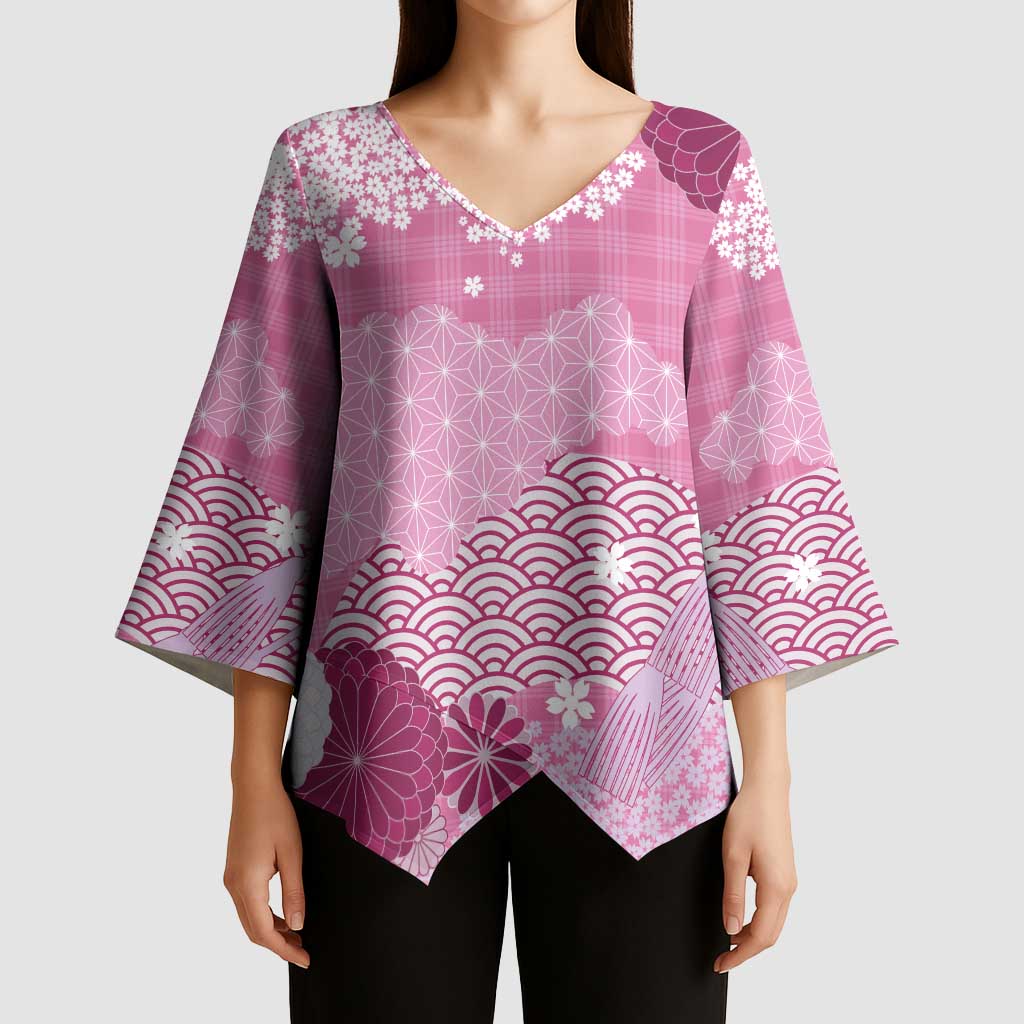 Pink Palaka Japanese Patterns Kimono Sleeve Blouse Asanoha Seigaiha Sakura Motif LT14 - Polynesian Pride