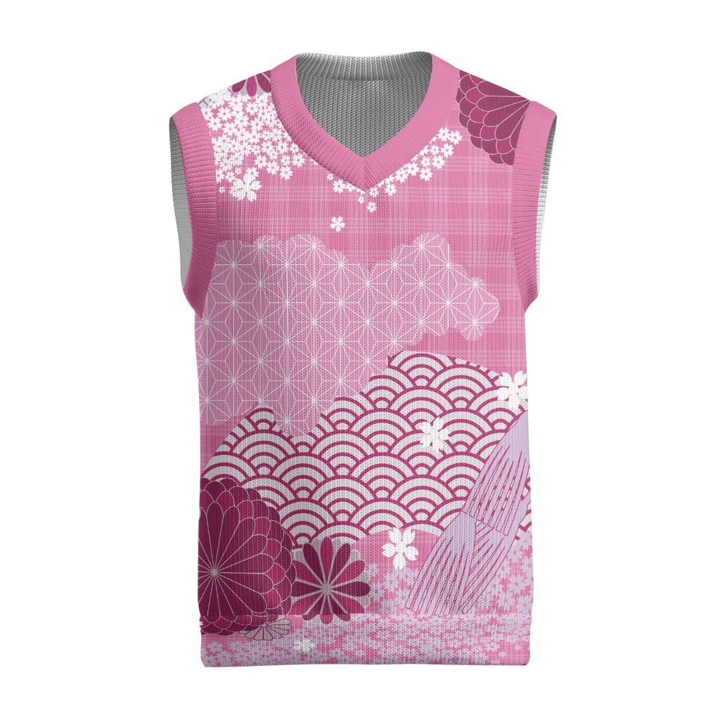 Pink Palaka Japanese Patterns Christmas Knitted V-Neck Vest Asanoha Seigaiha Sakura Motif LT14 Pink - Polynesian Pride