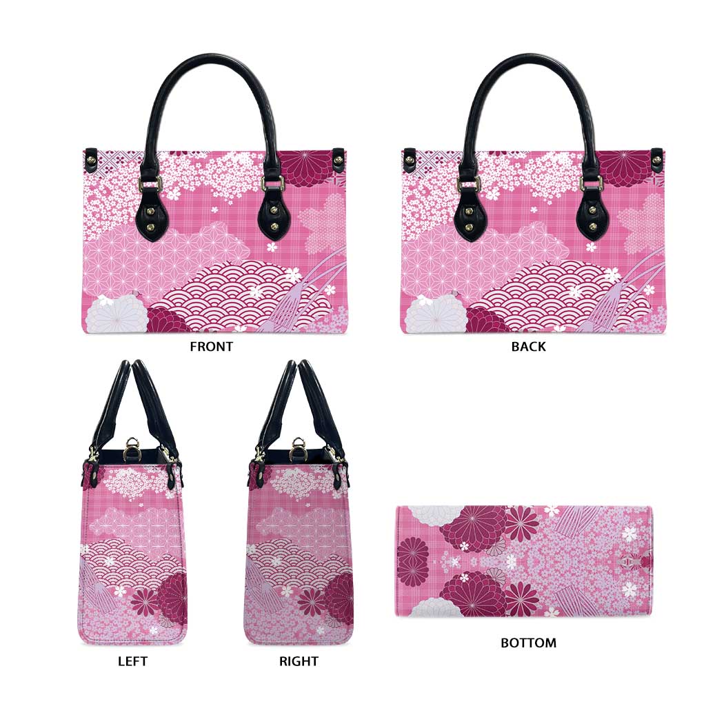 Pink Palaka Japanese Patterns Leather Bag Asanoha Seigaiha Sakura Motif - Polynesian Pride