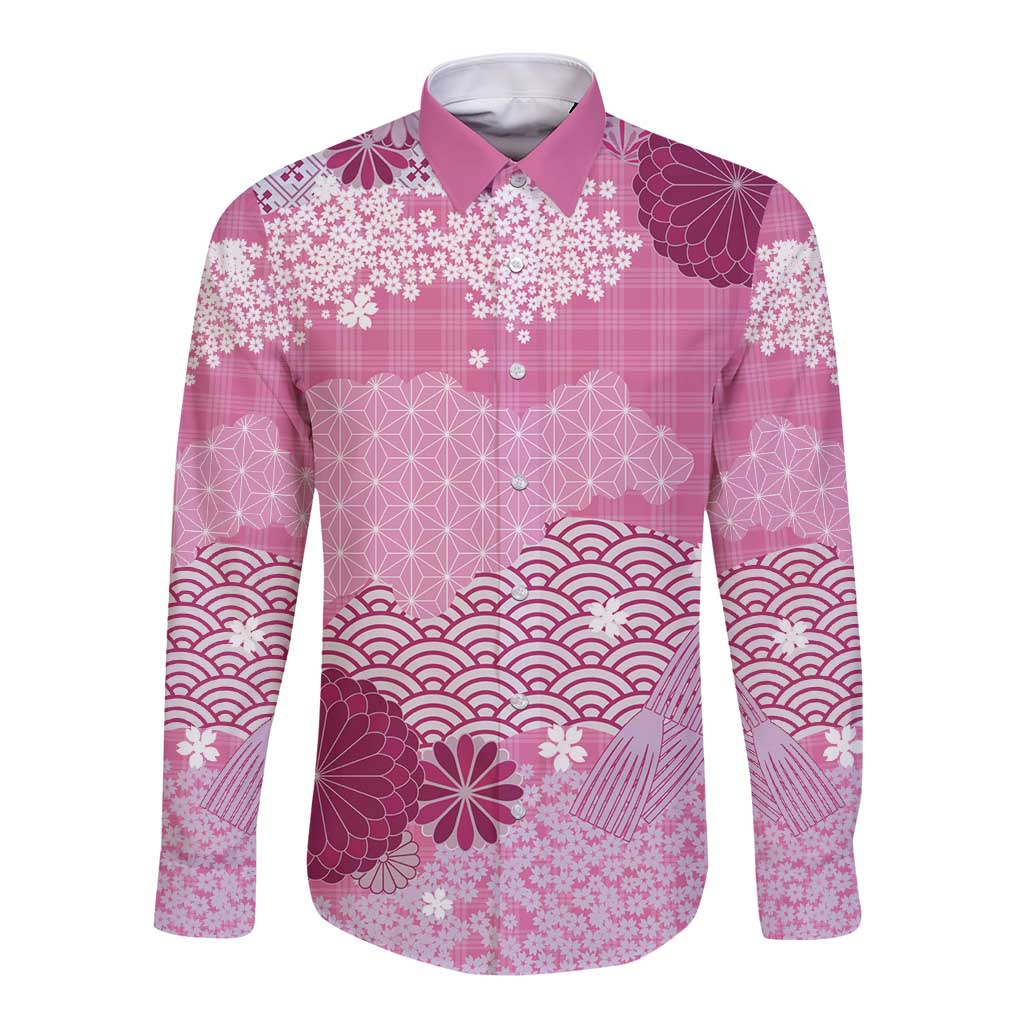 Pink Palaka Japanese Patterns Long Sleeve Button Shirt Asanoha Seigaiha Sakura Motif LT14 Unisex Pink - Polynesian Pride