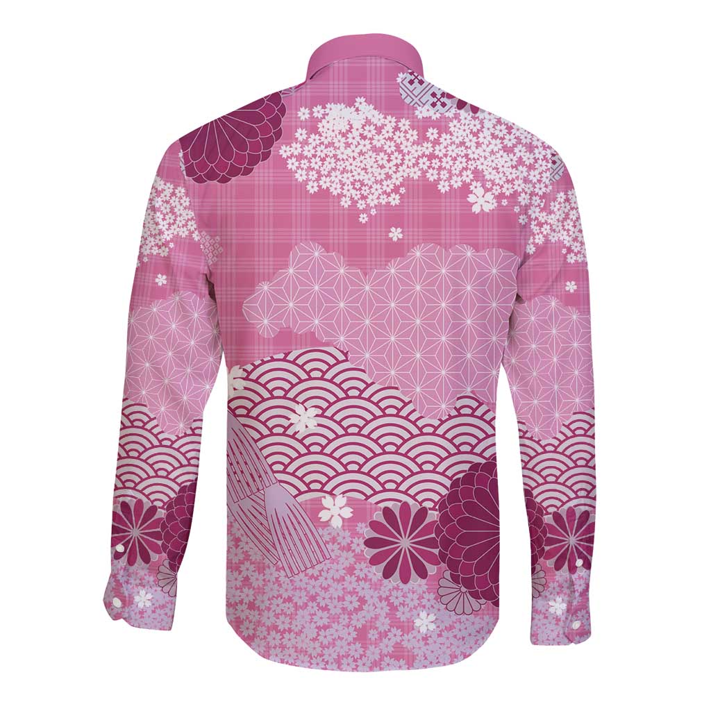Pink Palaka Japanese Patterns Long Sleeve Button Shirt Asanoha Seigaiha Sakura Motif LT14 - Polynesian Pride