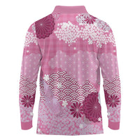 Pink Palaka Japanese Patterns Long Sleeve Polo Shirt Asanoha Seigaiha Sakura Motif LT14 - Polynesian Pride